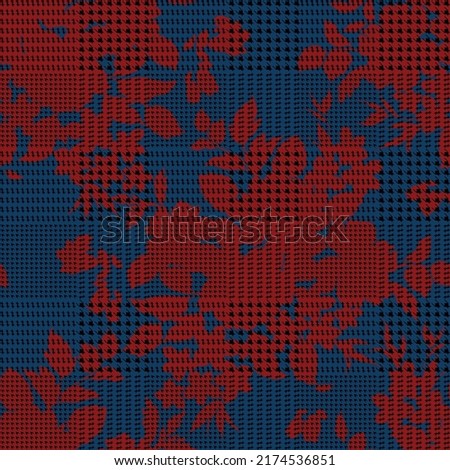 seamless floral vector red flowers bunches with black negative pattern on blue background