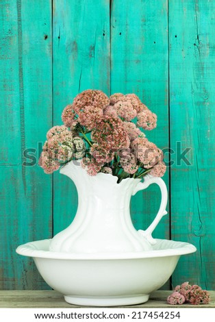 Antique white water pitcher and basin with flowers (stonecrop) by rustic teal blue wall