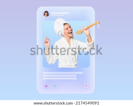 Social media post of happy cheerful girl in bathrobe and towel on head singing in brush, pretending to be famous popular singer with microphone isolated on blue background