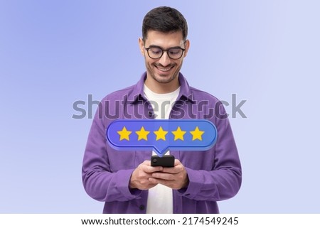 Picture with five star rating icon and hipster man customer in purple jacket giving excellent feedback for prefect service on smartphone, isolated on blue gradient background