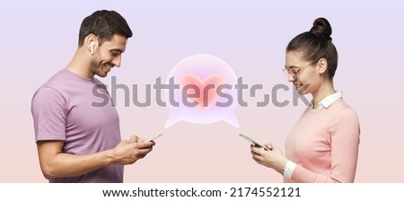 Two people in love standing against each other with speech bubble and heart icon between them, using smartphone, man and woman having romantic chat conversation isolated against pink wall