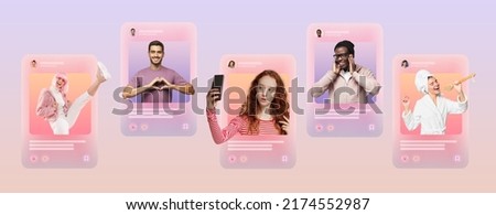 Set of social media posts of diverse people, active users or bloggers, influencers creating selling content, sharing with their followers, with like, comment, save icons below Royalty-Free Stock Photo #2174552987