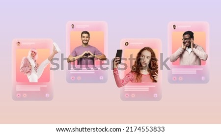 Collage of four posts on social media feed of diverse popular bloggers posting mood, vibes, thoughts and daily routine content searching for new followers Royalty-Free Stock Photo #2174553833