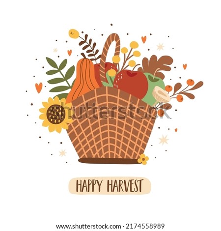 Harvest basket with apples, pumpkin mushroom sunflower autumn leaves. Fall harvest basket isolated on white vector illustration. Royalty-Free Stock Photo #2174558989
