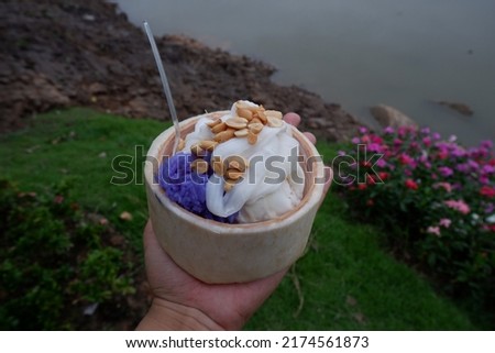 Young coconut ice cream in a cup made from coconut shells.