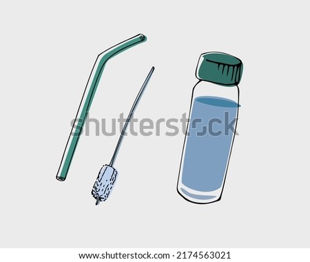 collection of reusable products: water bottle, metal straw, straw cleaning brush