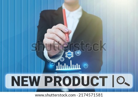 Text showing inspiration New Product. Business showcase goods and services that differ in their characteristics Lady Pressing Screen Of Mobile Phone Showing The Futuristic Technology