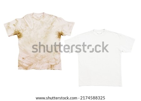 Comparison of white t-shirt before and after using laundry detergent or bleach on white background Royalty-Free Stock Photo #2174588325