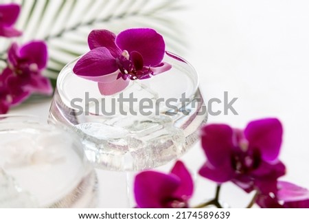 Transparent cocktail with ice in a champagne coupe glass decorated with purple orchid flowers close up. Tropical drink at the bar. Summer vacation mood Royalty-Free Stock Photo #2174589639