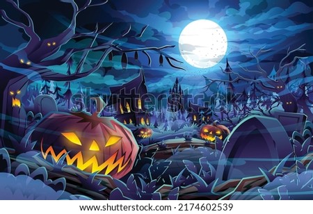 Halloween pumpkins and dark castle on blue Moon background, illustration. Halloween fullmoon banner, Witch, Haunted house, Pumpkins and bats. Royalty-Free Stock Photo #2174602539