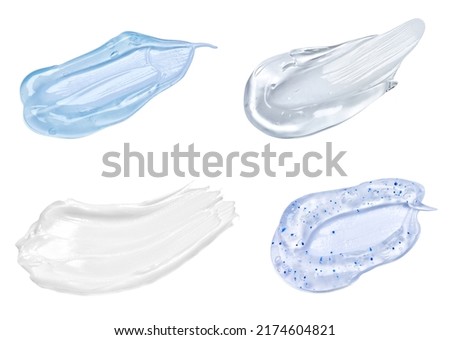 close up of  a white and blue transparent cream and gel sample on white background Royalty-Free Stock Photo #2174604821