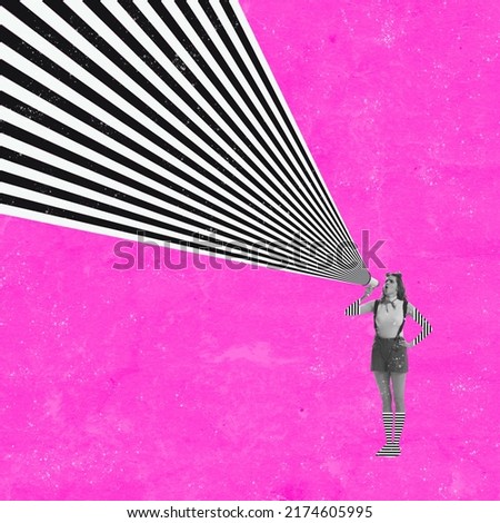 Shouting in megaphone. Contemporary art collage with megaphone and abstract optical ray isolated on color background. Copy space for design. Vibrant colors. Concept of powerful information call