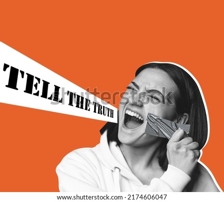 Woman with mouth sealed in adhesive tape. Free of speech, freedom of press, human rights and truth concept. Protest, democracy, liberty, equality and fraternity concepts. Contemporary art collage Royalty-Free Stock Photo #2174606047