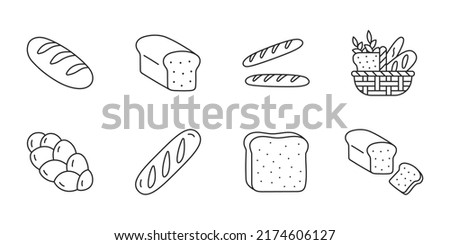 Bread doodle illustration including icons - baguette, basket, slice, challah. Thin line art about baking products. Editable Stroke Royalty-Free Stock Photo #2174606127