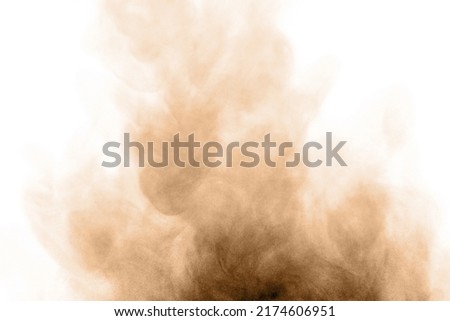 Brown black dust powder explosion. The texture is abstract and splashes float. on a white background