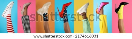 Collage with photos of women showing fashionable collections of stylish shoes, tights and socks on different color backgrounds, closeup view of legs. Banner design Royalty-Free Stock Photo #2174616031