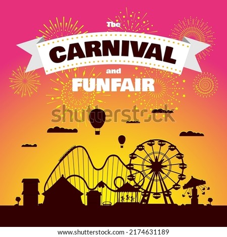 Carnival funfair with fireworks rays. Amusement park carousels, roller coaster and attractions on sunset. Fun fair and festive theme landscape. Ferris wheel and merry-go-round festival poster vector Royalty-Free Stock Photo #2174631189