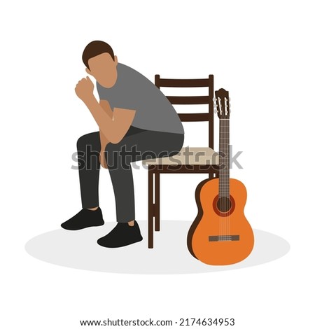 Male character sitting on a chair next to a guitar on a white background