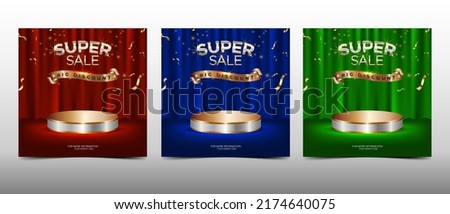 Super sale online shopping banner with white and gold podium, curtain and confetti Royalty-Free Stock Photo #2174640075