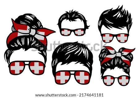 Family clip art set in colors of national flag on white background. Switzerland