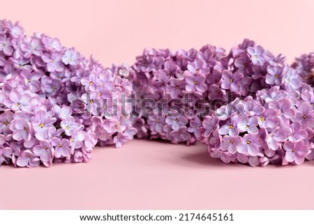 Lilac flowers a lot on pink background. Cosmetics product advertising backdrop. Empty place to display product packaging. Front view of flower frame, summer. Copy space. 
