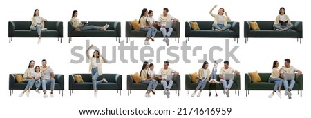 Collage with photos of people sitting on stylish sofas against white background. Banner design Royalty-Free Stock Photo #2174646959