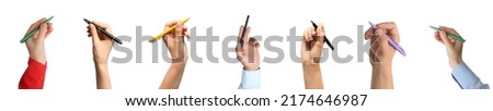 Collage with photos of people holding pens on white background. Banner design Royalty-Free Stock Photo #2174646987