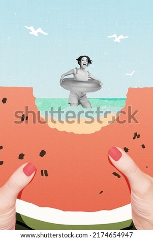 Creative vertical composite collage of big arms hold watermelon girl black white colors swimming hold ring