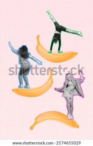 Vertical composite collage of three people black white gamma dancing stand hands huge banana isolated on creative background