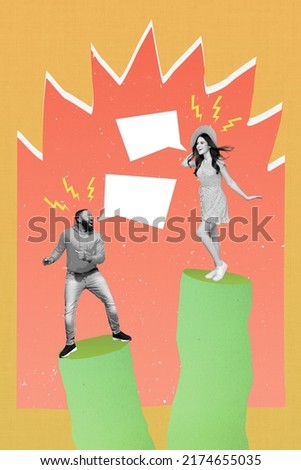 Vertical collage image two positive people black white filter dancing speak communicate isolated on creative background