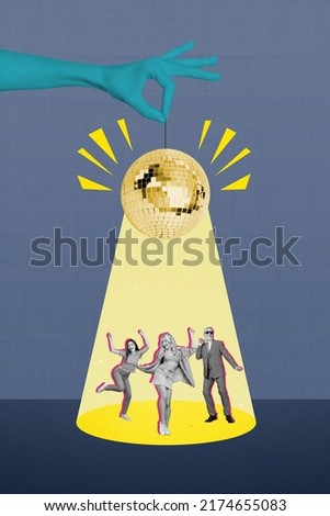 Vertical collage portrait of three excited people dancing under huge hand hold disco ball spotlight