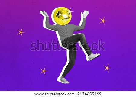 Composite collage picture of excited person enjoy dancing make moves golden disco ball instead head isolated on creative purple background