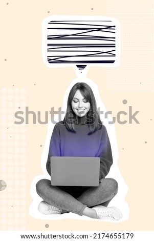 Collage photo of smart geek nerd girl working in laptop have professional conversation with colleagues isolated on pastel background