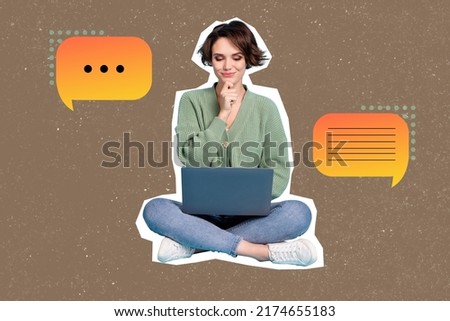 Creative collage portrait of minded positive person think use netbook chatting people isolated on drawing background