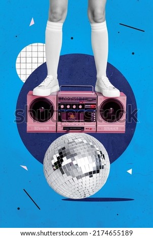 Creative 3d photo artwork graphics painting of legs standing disco ball boom box isolated drawing blue background