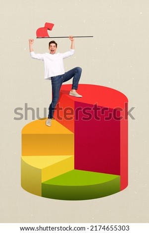 Collage photo of young businessman move up on chart graph forward achieve his goals isolated on grey color background