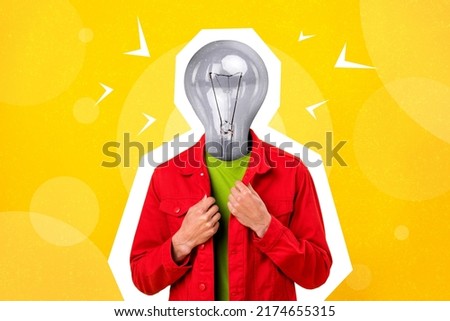 Artwork magazine picture of funny funky guy light bulb instead of head isolated painting background Royalty-Free Stock Photo #2174655315