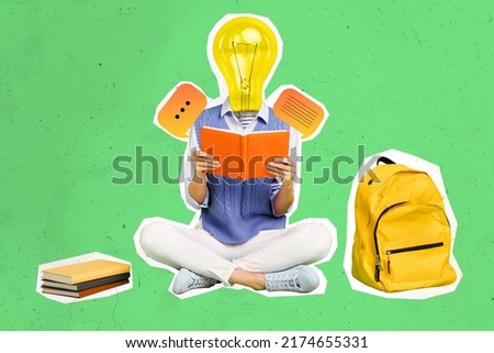 Creative poster collage of weird high school student read book have brilliant idea bulb face isolated color background