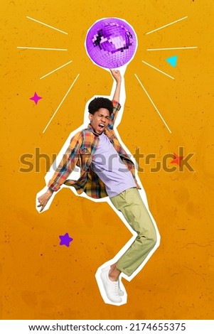 Vertical collage picture of overjoyed excited person enjoy dancing partying finger touch disco ball isolated on drawing background