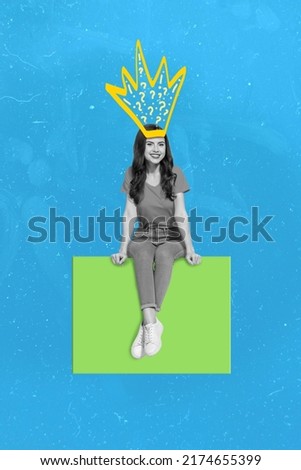 Vertical collage portrait of young person sitting square black white gamma drawing crown above head