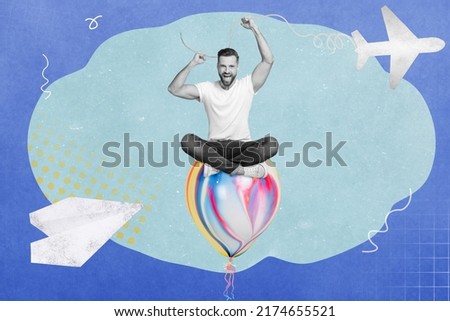 Creative collage picture of delighted positive person black white colors sitting big air balloon raise fists celebrate