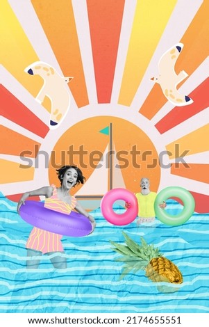 Creative 3d photo artwork graphics collage of smiling young girl mature man swimming sea having fun isolated colorful background