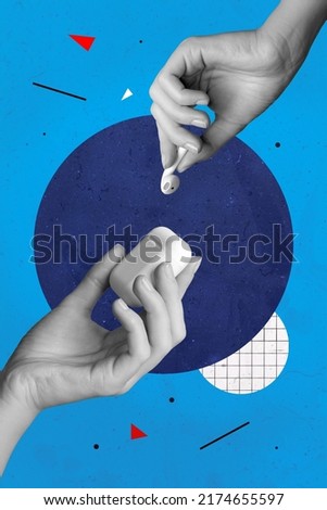 Photo artwork minimal collage of palms putting wireless apple earphones charging case isolated drawing blue background