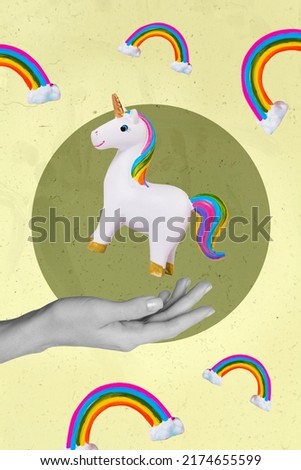Artwork magazine picture of funny funky unicorn standing person arm palm isolated painting beige green background