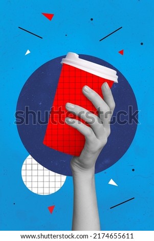 Vertical composite picture of arm black white gamma hold drawing checkered exercise copybook pattern coffee cup painted background