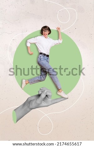 Creative vertical collage portrait of huge hand finger black white effect hold running mini girl isolated on drawing background
