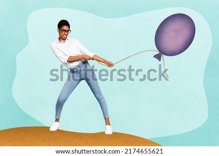 Collage picture of hardworking business person pulling air balloon isolated on creative drawing background