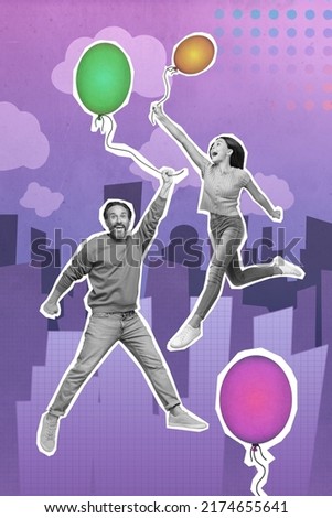 Collage photo of black and white grandpa and granddaughter have fun together play with balloons in city town isolated on violet background
