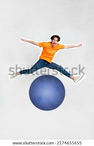 Vertical collage portrait of excited overjoyed positive person jumping over ball isolated on creative background