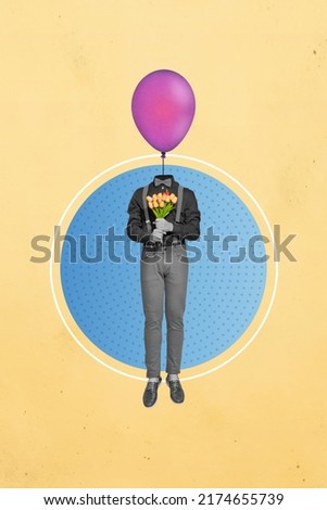 Creative abstract template graphics collage of black white visual effect guy balloon instead of head holding bunch isolated beige background